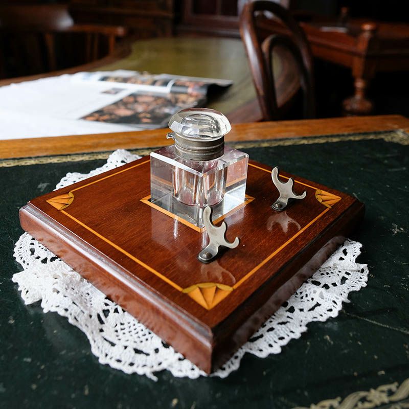 マホガニー製インレイ象嵌デスクペンホルダー/インクボトル|英国