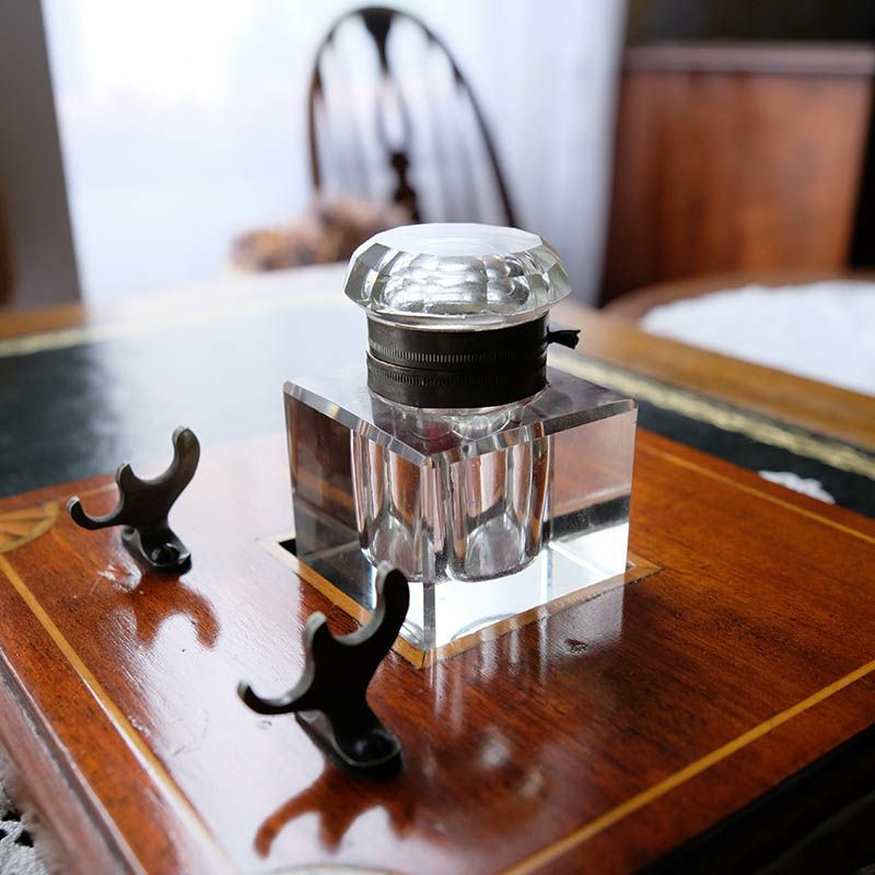 マホガニー製インレイ象嵌デスクペンホルダー/インクボトル|英国