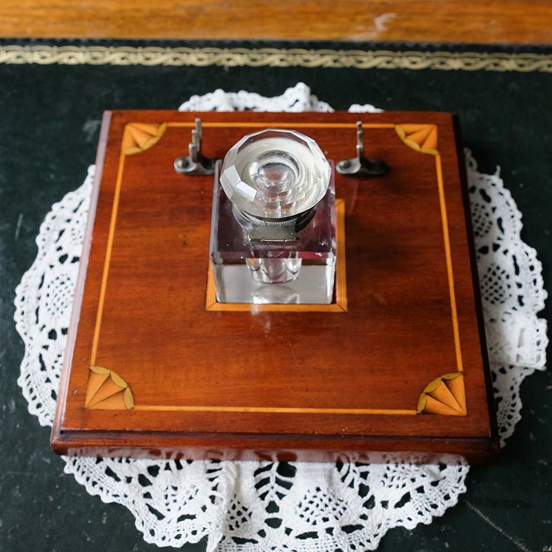 マホガニー製インレイ象嵌デスクペンホルダー/インクボトル|英国